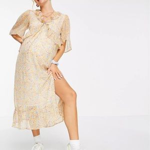 Violet Romance Maternity chiffon floral midi dress with frill front in floral